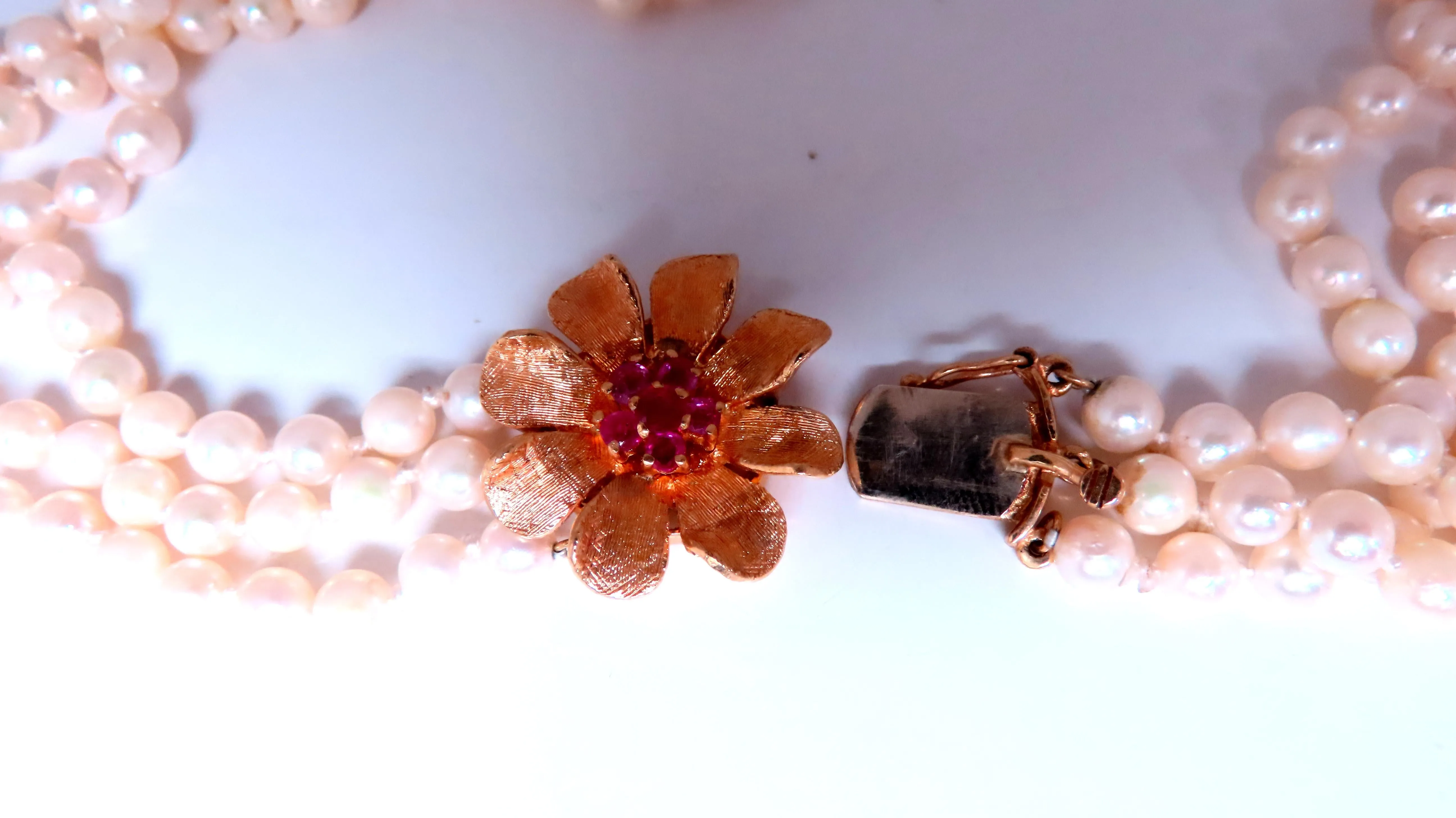 Natural Ruby Vintage Pearl Stranded Necklace 14kt Gold 12391
