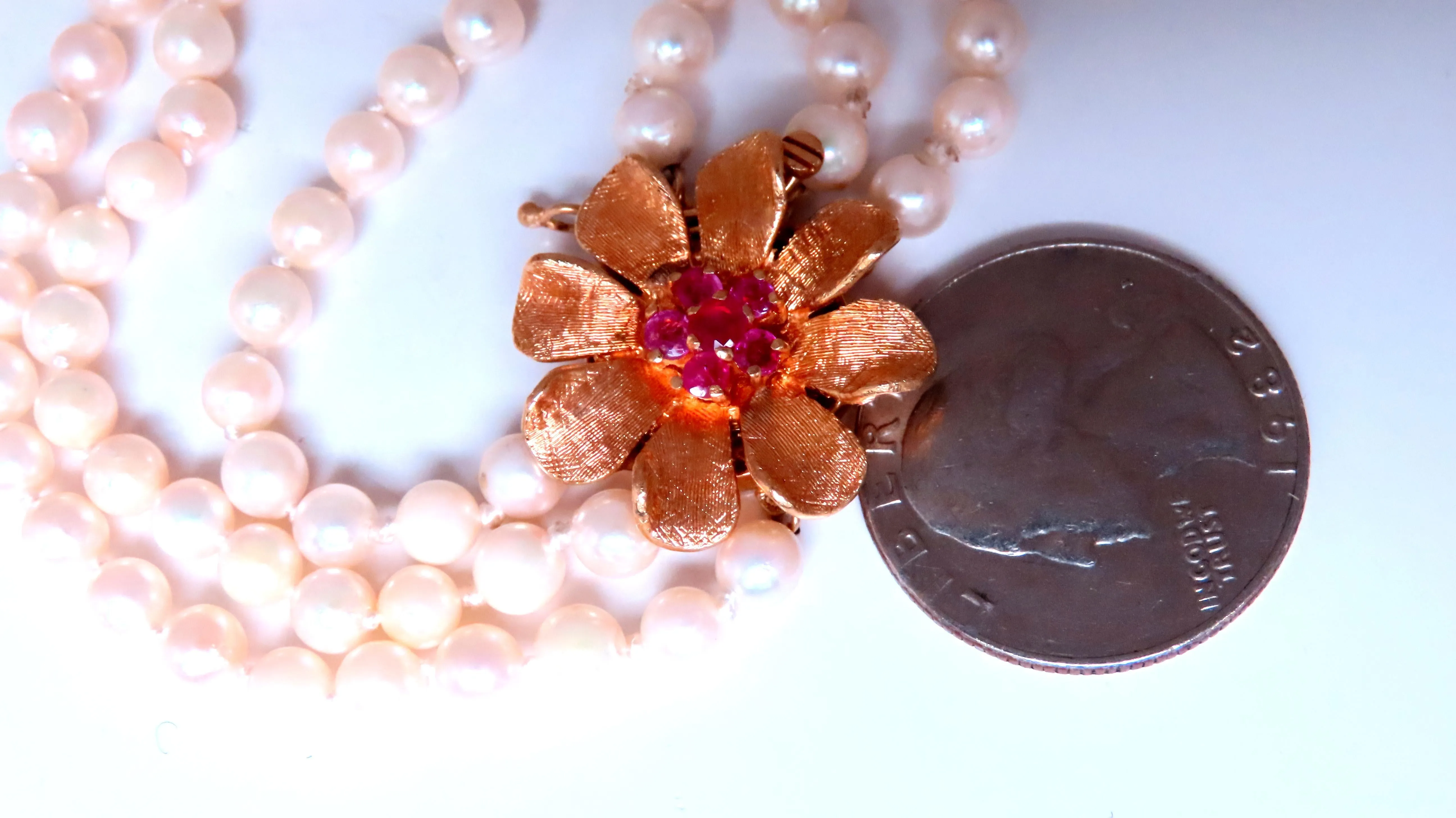 Natural Ruby Vintage Pearl Stranded Necklace 14kt Gold 12391