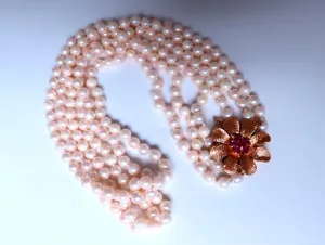 Natural Ruby Vintage Pearl Stranded Necklace 14kt Gold 12391