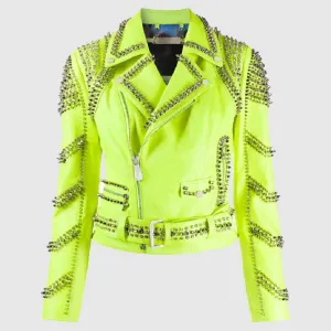 New Women Brando Green Spiked Leather Lapel Fastener Studded Biker Jacket