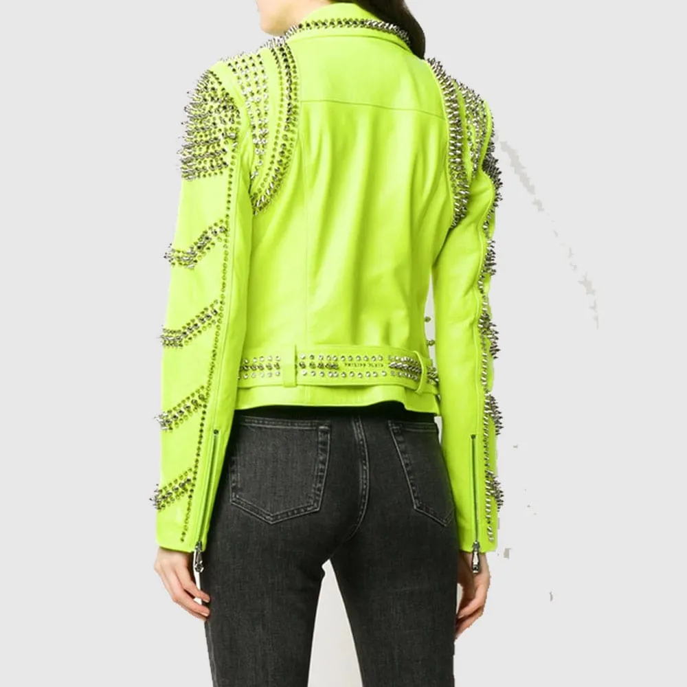 New Women Brando Green Spiked Leather Lapel Fastener Studded Biker Jacket