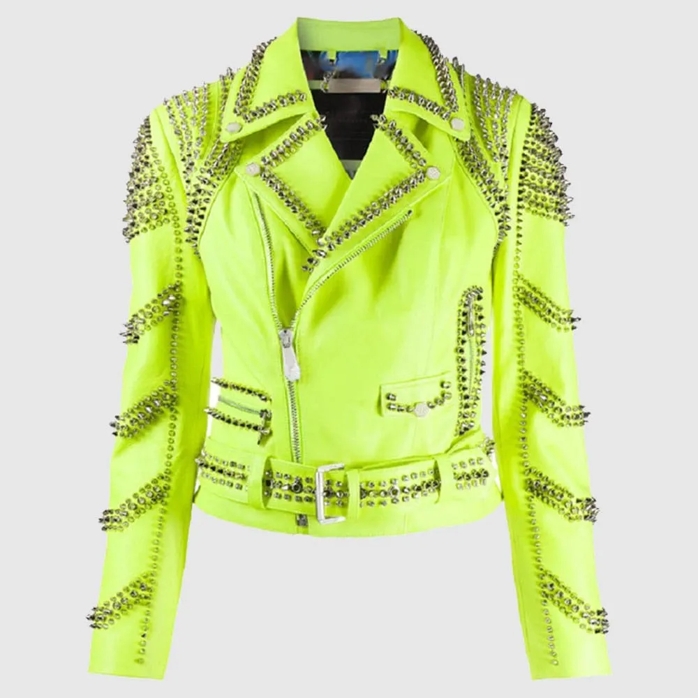 New Women Brando Green Spiked Leather Lapel Fastener Studded Biker Jacket