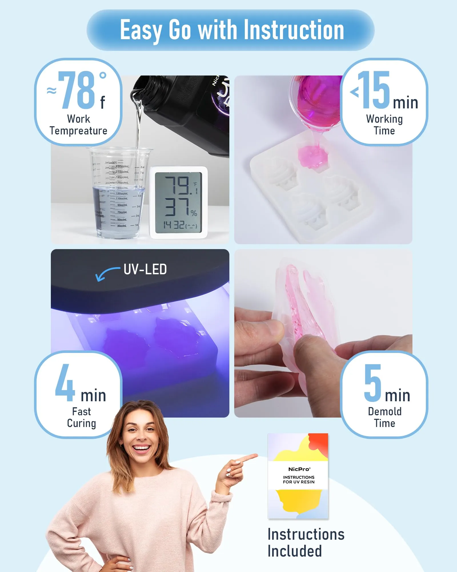 Nicpro UV Resin 1000g, Upgrade Crystal Clear Ultraviolet Epoxy Resin Glue Kit, Low Odor & Quick Curing Sunlight Cure Hard UV Resin for Jewelry Making, Handmade DIY Craft, Coating and Casting