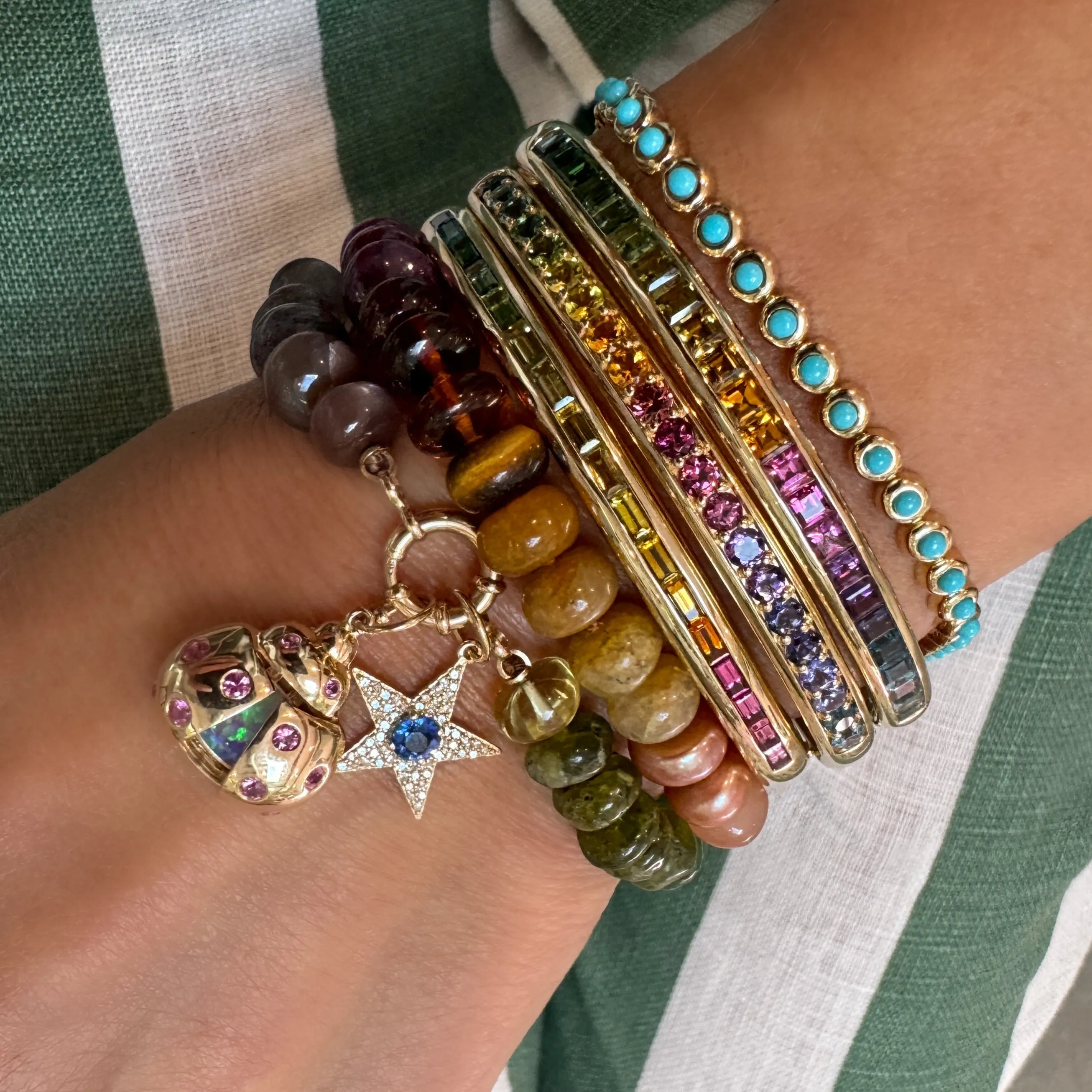One of a Kind Baguette Rainbow Tourmaline & Citrine Comfort Fit Bangle Bracelet