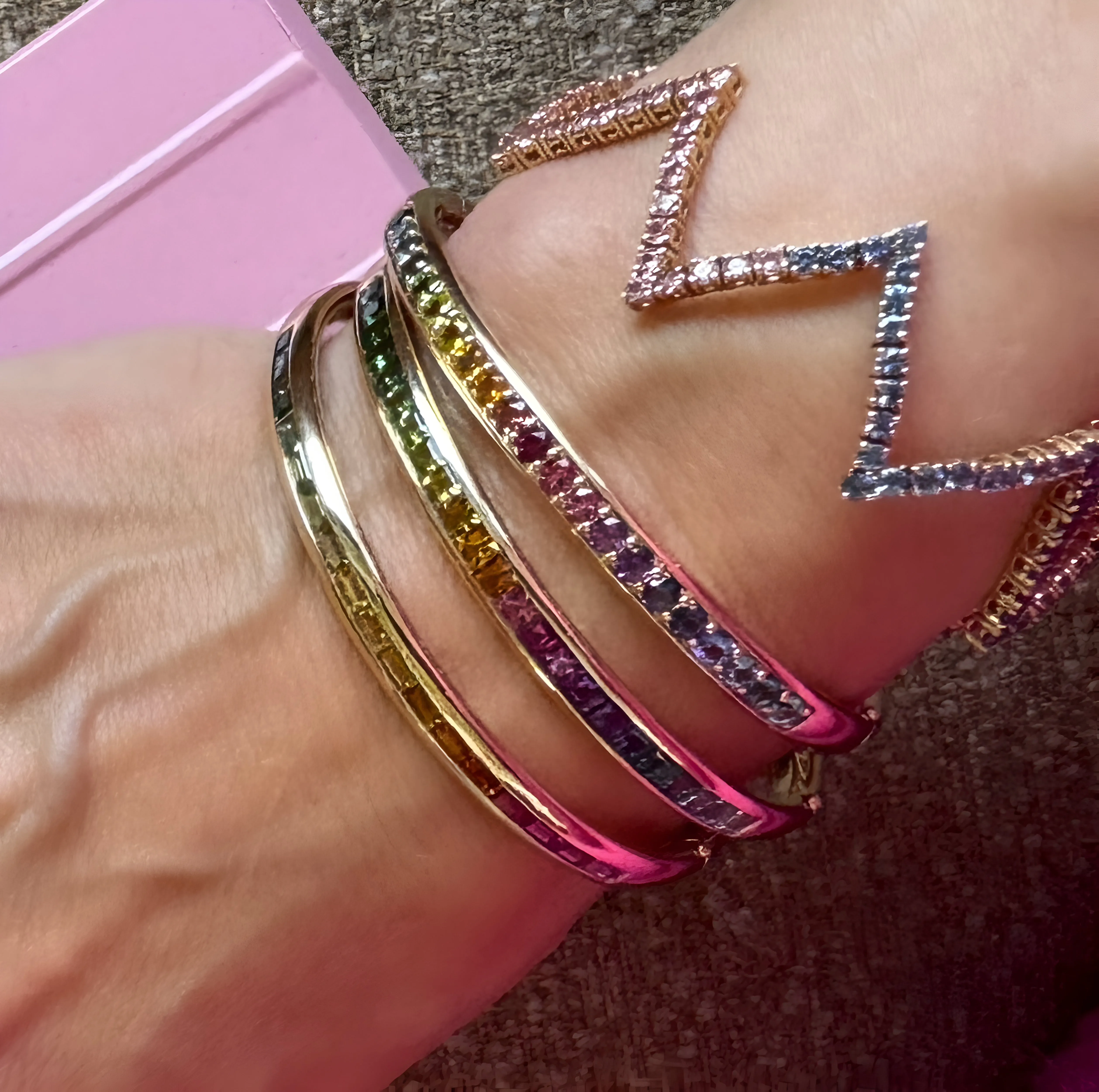 One of a Kind Baguette Rainbow Tourmaline & Citrine Comfort Fit Bangle Bracelet