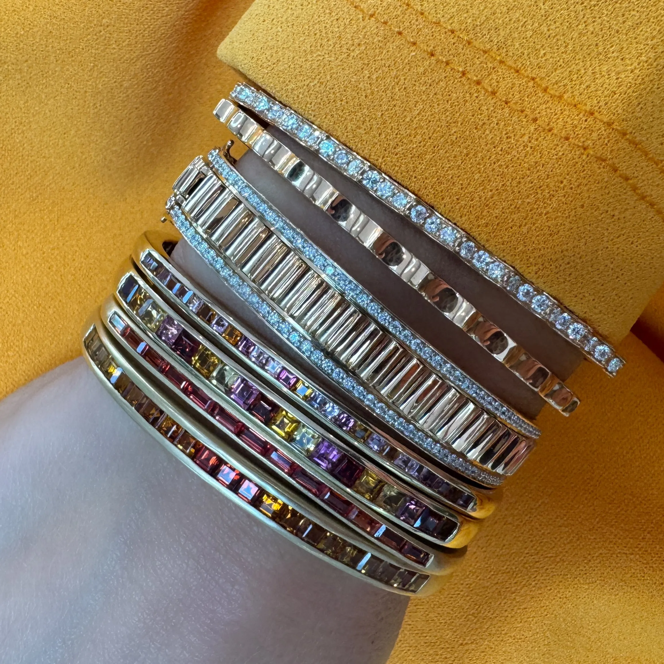 One of a Kind Warm Gemstone Hinged Rectangular Cuff Bangle Bracelet
