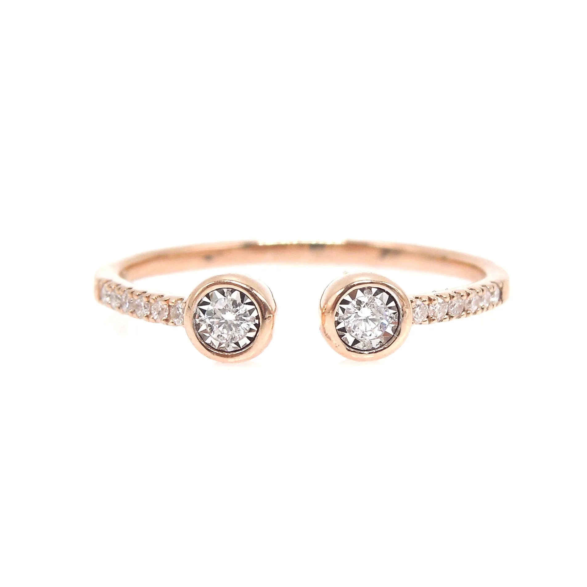 Open Double Diamond Ring with Diamonds Down the Band in Rose Gold and White Gold