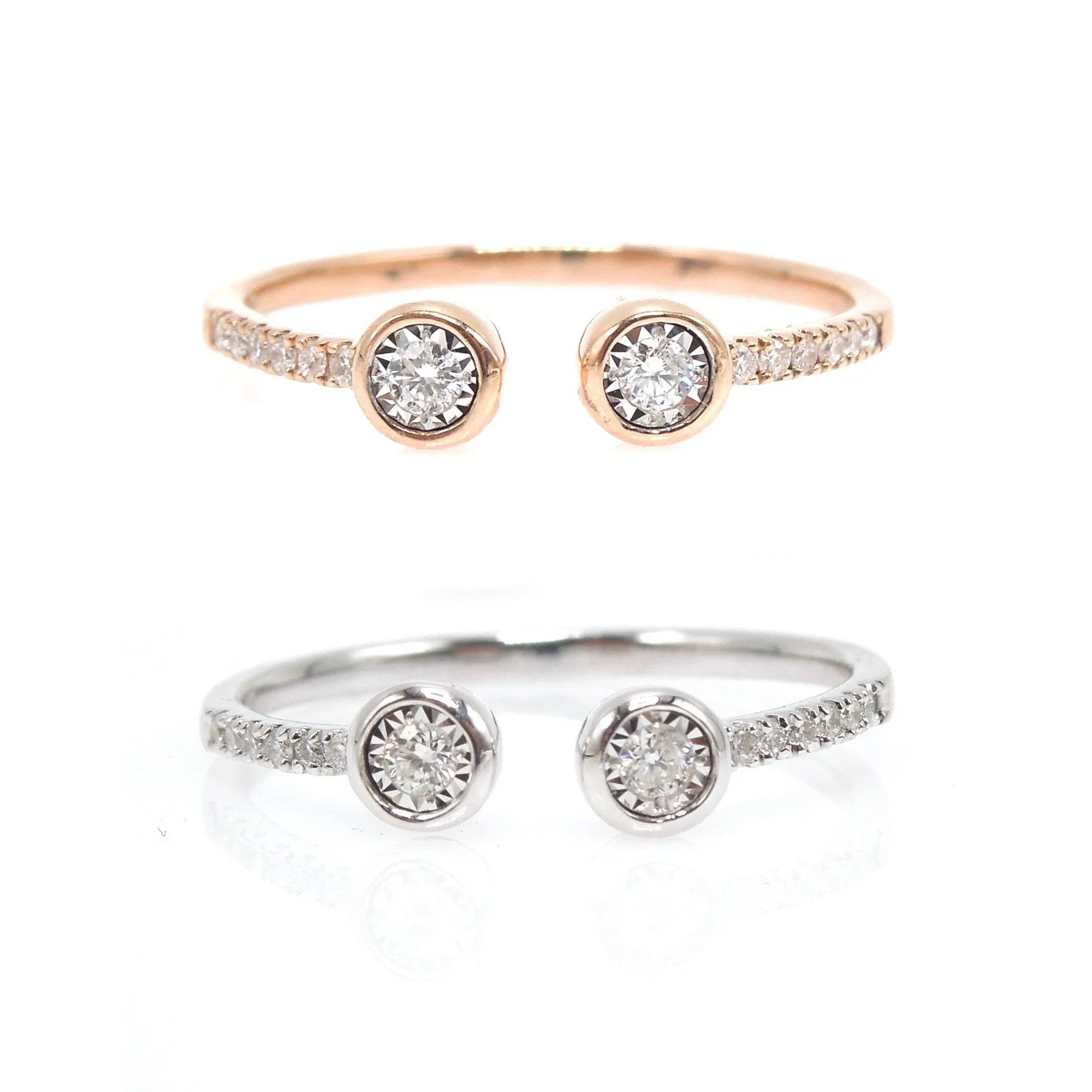 Open Double Diamond Ring with Diamonds Down the Band in Rose Gold and White Gold