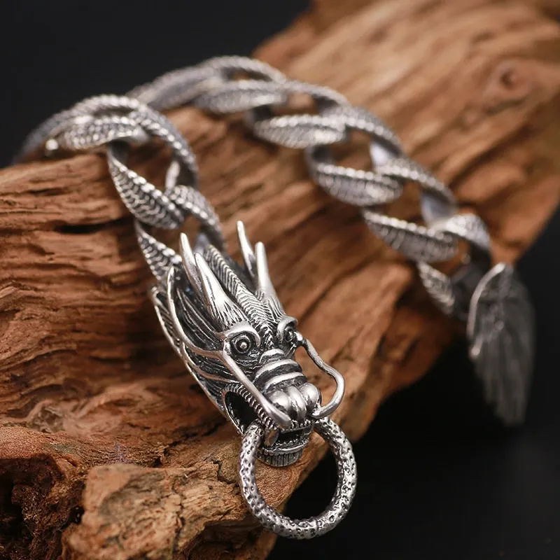 Original Mens Biker Sterling 925 Silver Dragon Curb Chain Bracelet Thai Vintage Style Dragon Link Handcrafted Punk Men Bracelet Bangle
