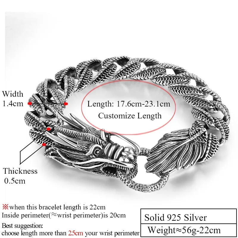 Original Mens Biker Sterling 925 Silver Dragon Curb Chain Bracelet Thai Vintage Style Dragon Link Handcrafted Punk Men Bracelet Bangle