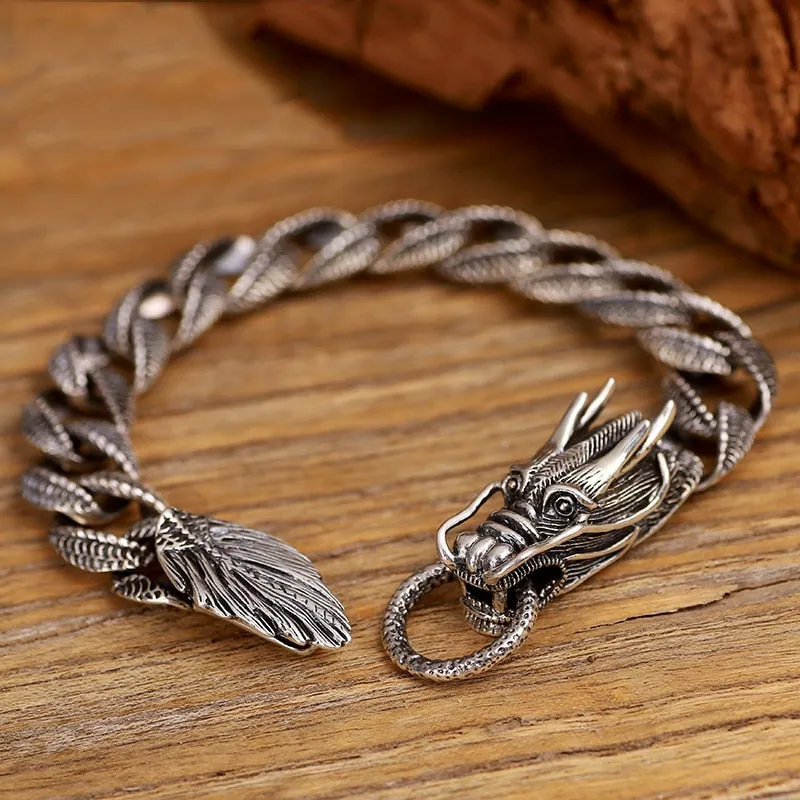 Original Mens Biker Sterling 925 Silver Dragon Curb Chain Bracelet Thai Vintage Style Dragon Link Handcrafted Punk Men Bracelet Bangle