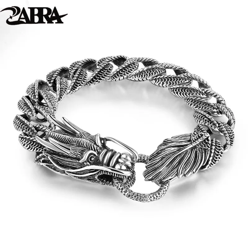 Original Mens Biker Sterling 925 Silver Dragon Curb Chain Bracelet Thai Vintage Style Dragon Link Handcrafted Punk Men Bracelet Bangle