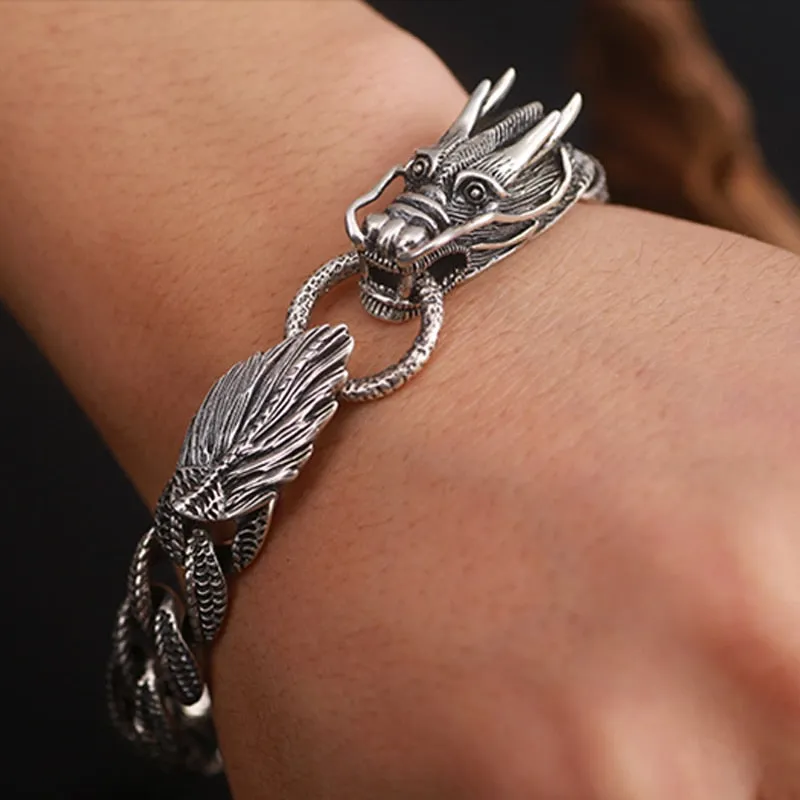 Original Mens Biker Sterling 925 Silver Dragon Curb Chain Bracelet Thai Vintage Style Dragon Link Handcrafted Punk Men Bracelet Bangle