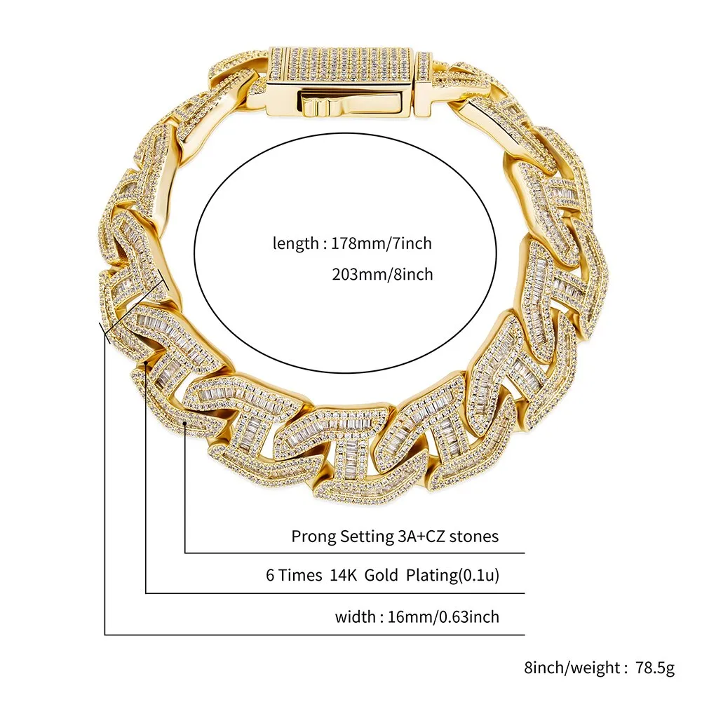 Original TOPGRILLZ Mens Bracelet 16mm Prong Baguette Curb Chain High Quality Iced Cubic Zirconia Hip Hop Rapper Luxury Jewelry Gift Party