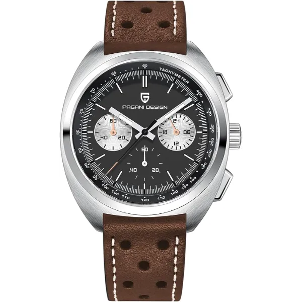 Pagani Design Brown Leather Strap Black Dial Chronograph Quartz Watch for Gents - PD1782