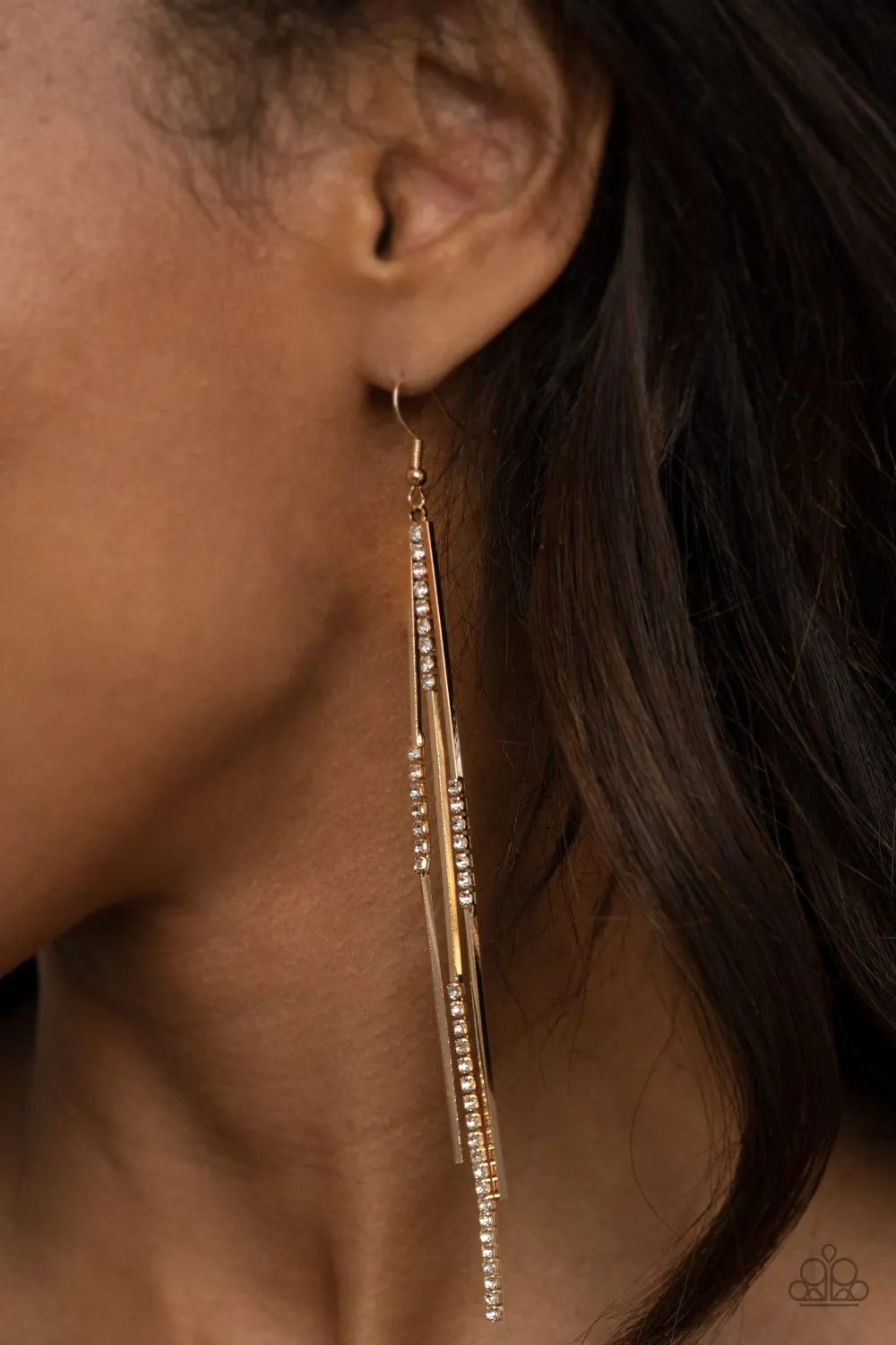 Paparazzi " Dainty Dynamism " Gold Metal & White Rhinestone Long/Thin Dainty Earrings
