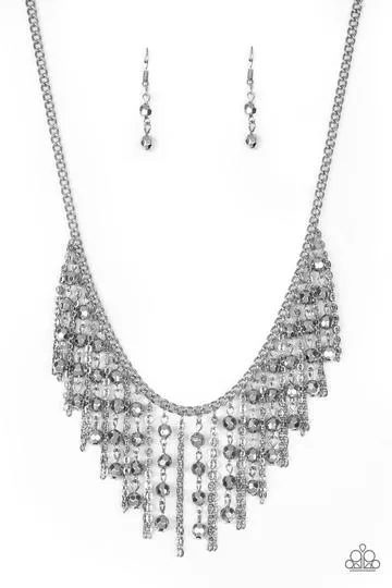 Paparazzi " Rebel Remix " Silver Metal & Faceted Silver Bead Fringe Necklace Set