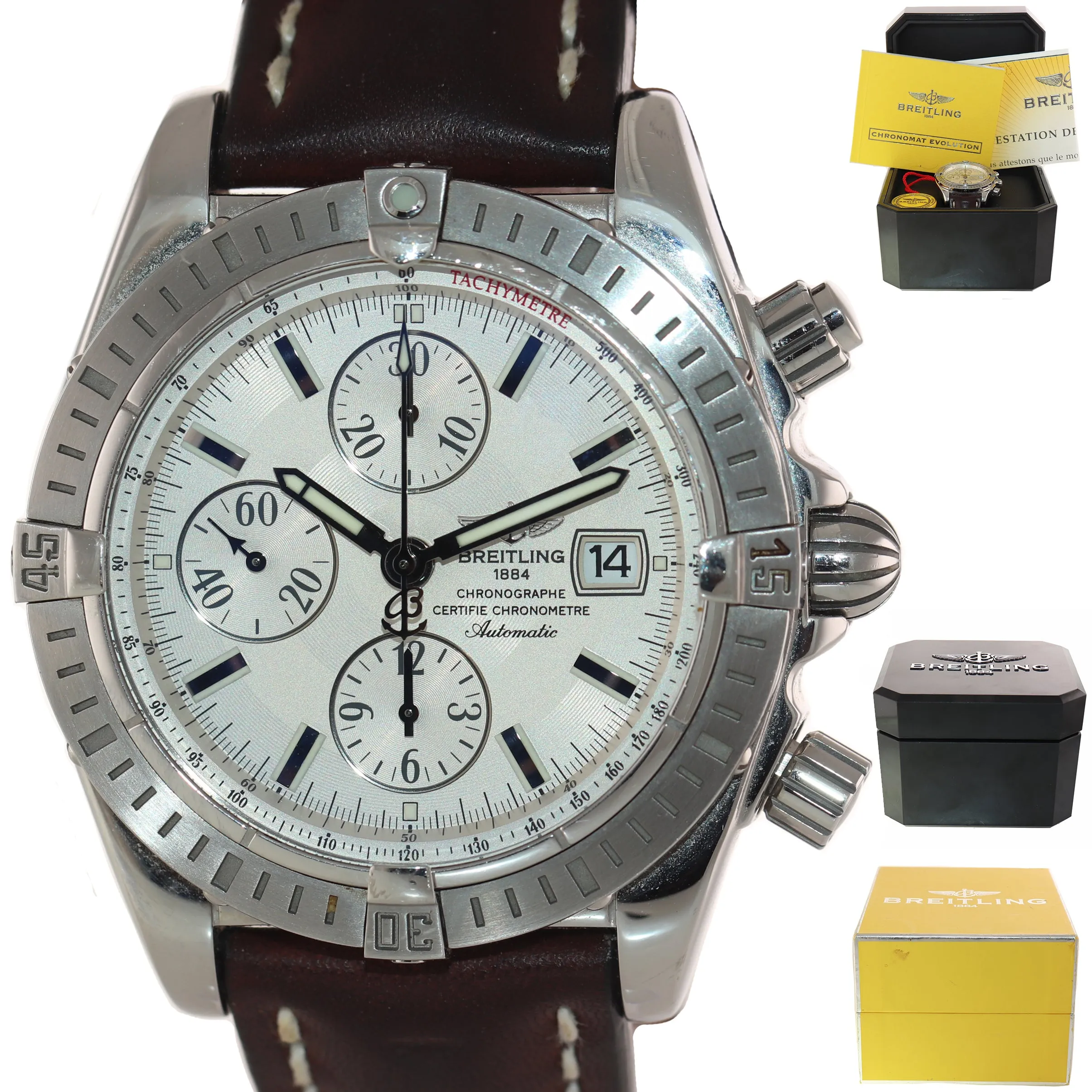 PAPERS Breitling Chronomat Evolution Chronograph Steel A13356 44mm Silver Watch
