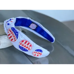 Patriotic Baseball Seed Beaded Top Knot Headband.