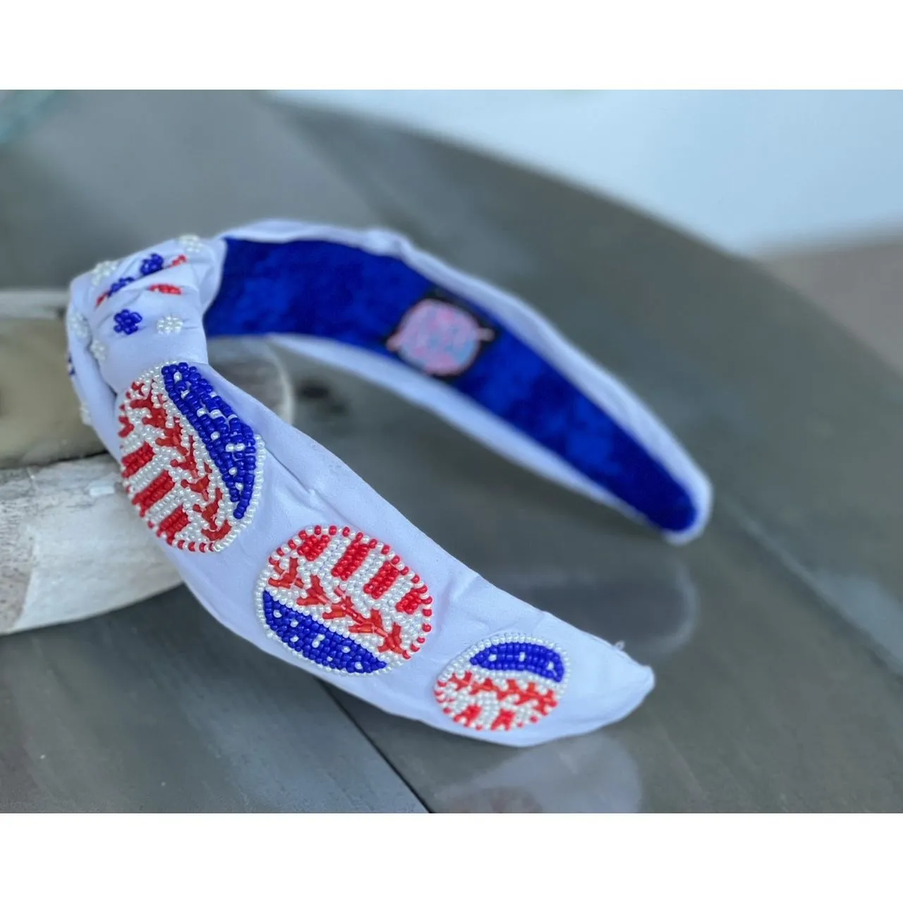 Patriotic Baseball Seed Beaded Top Knot Headband.