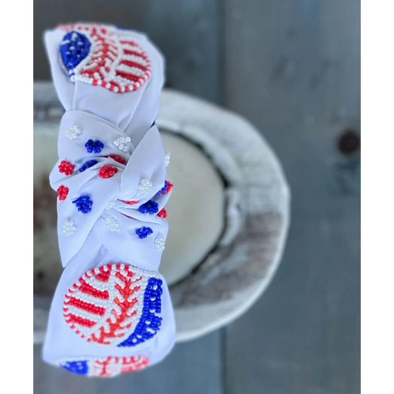Patriotic Baseball Seed Beaded Top Knot Headband.