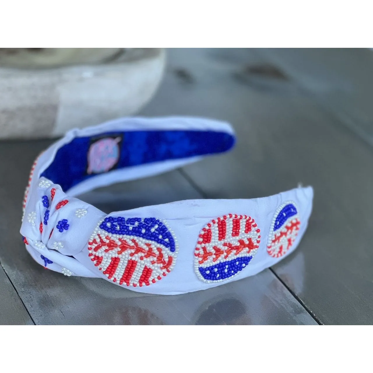 Patriotic Baseball Seed Beaded Top Knot Headband.