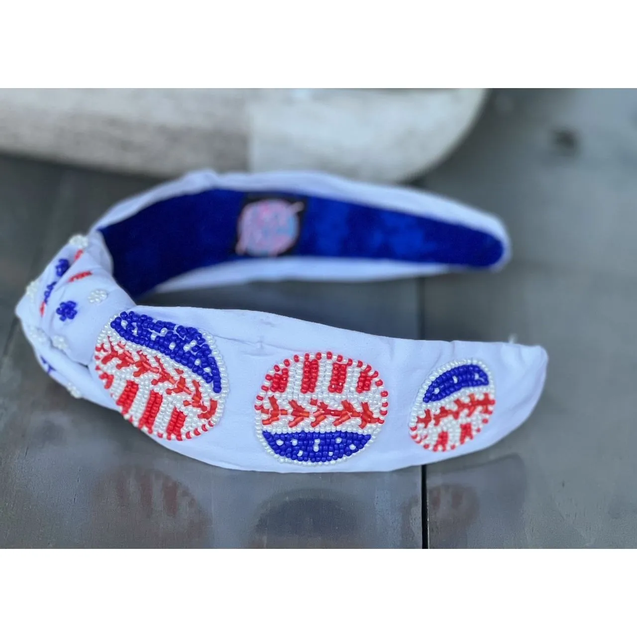 Patriotic Baseball Seed Beaded Top Knot Headband.