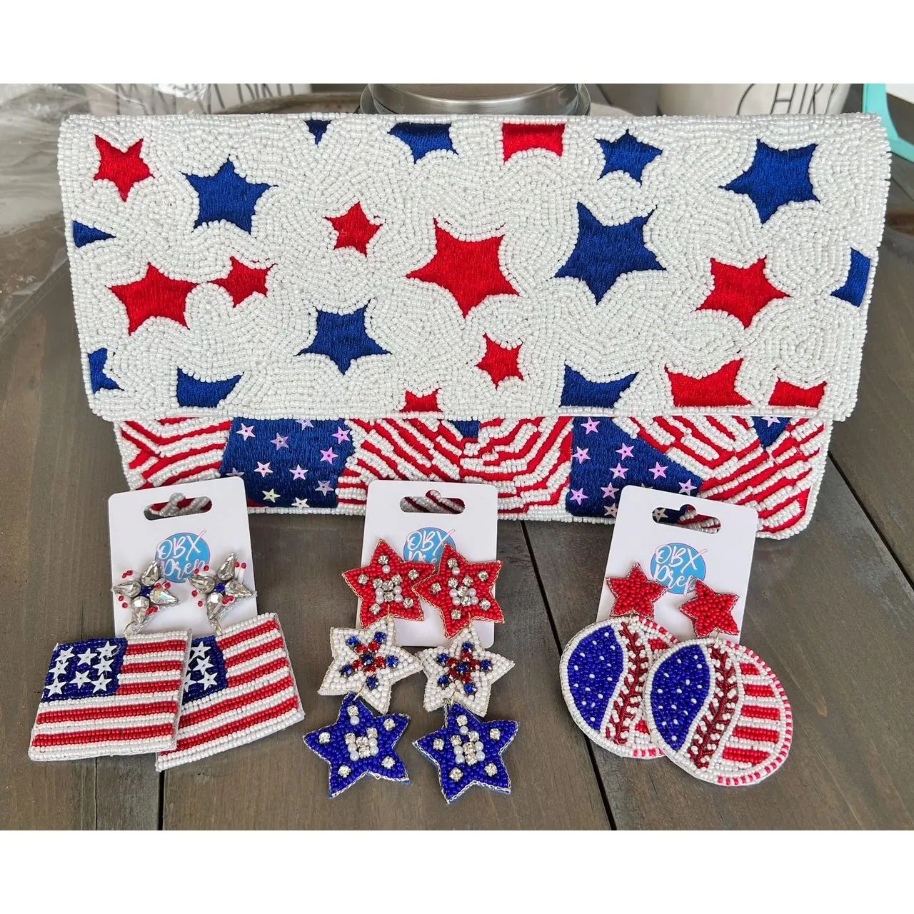 Patriotic Flag Seed Beaded Earrings S