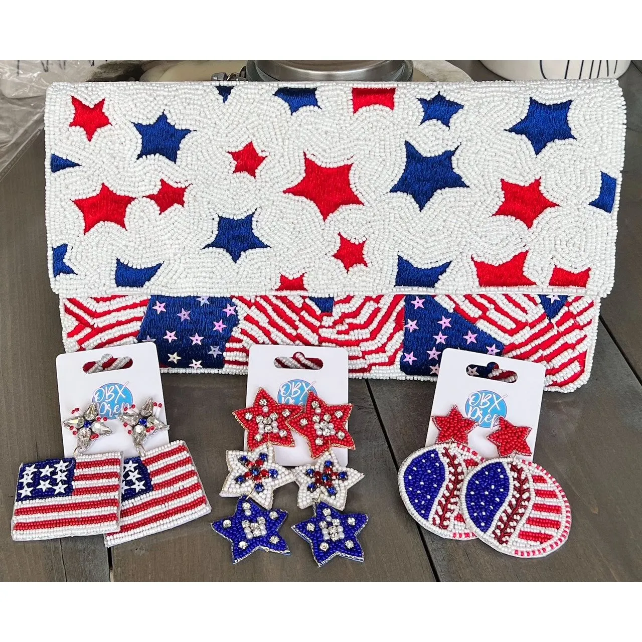 Patriotic Flag Seed Beaded Earrings S