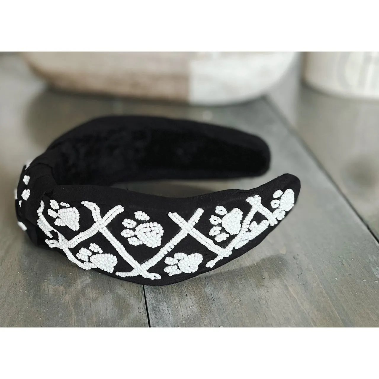 Paw Print Seed Beaded Team Spirit Top Knot Headband