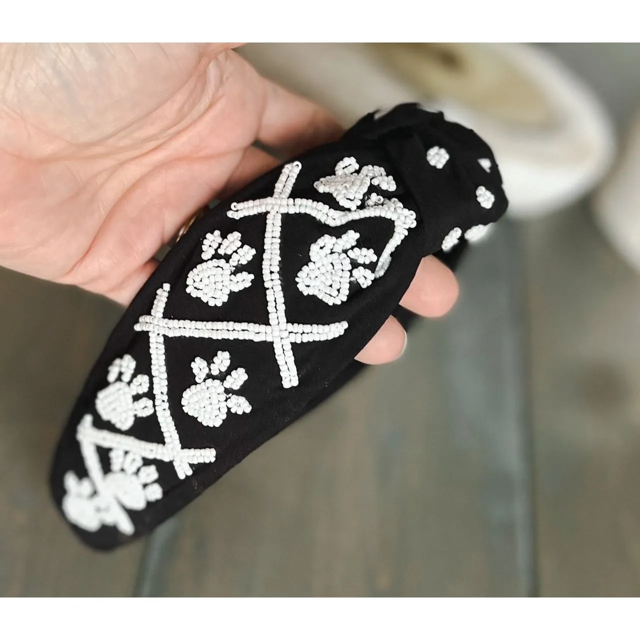 Paw Print Seed Beaded Team Spirit Top Knot Headband