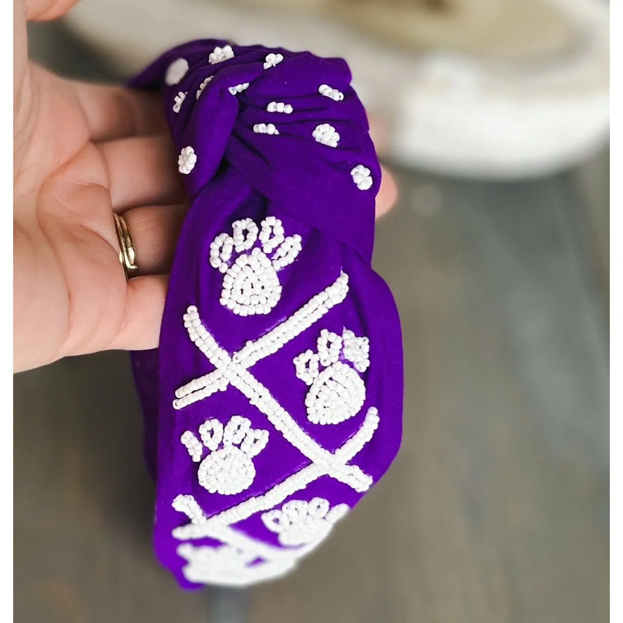 Paw Print Seed Beaded Team Spirit Top Knot Headband
