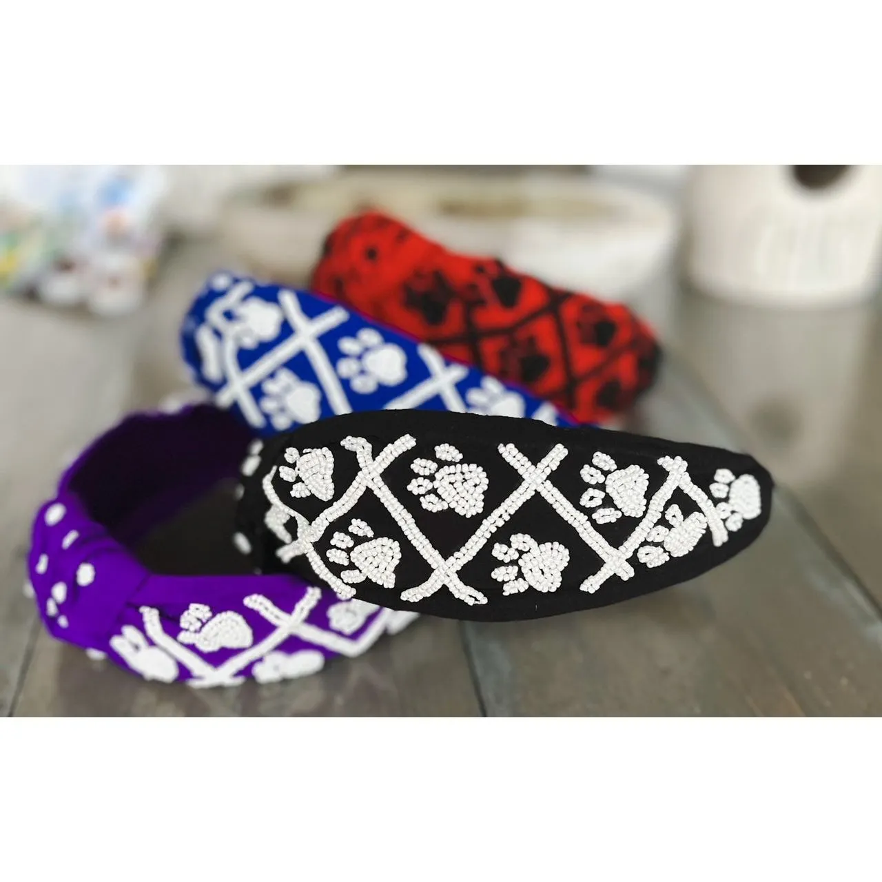 Paw Print Seed Beaded Team Spirit Top Knot Headband