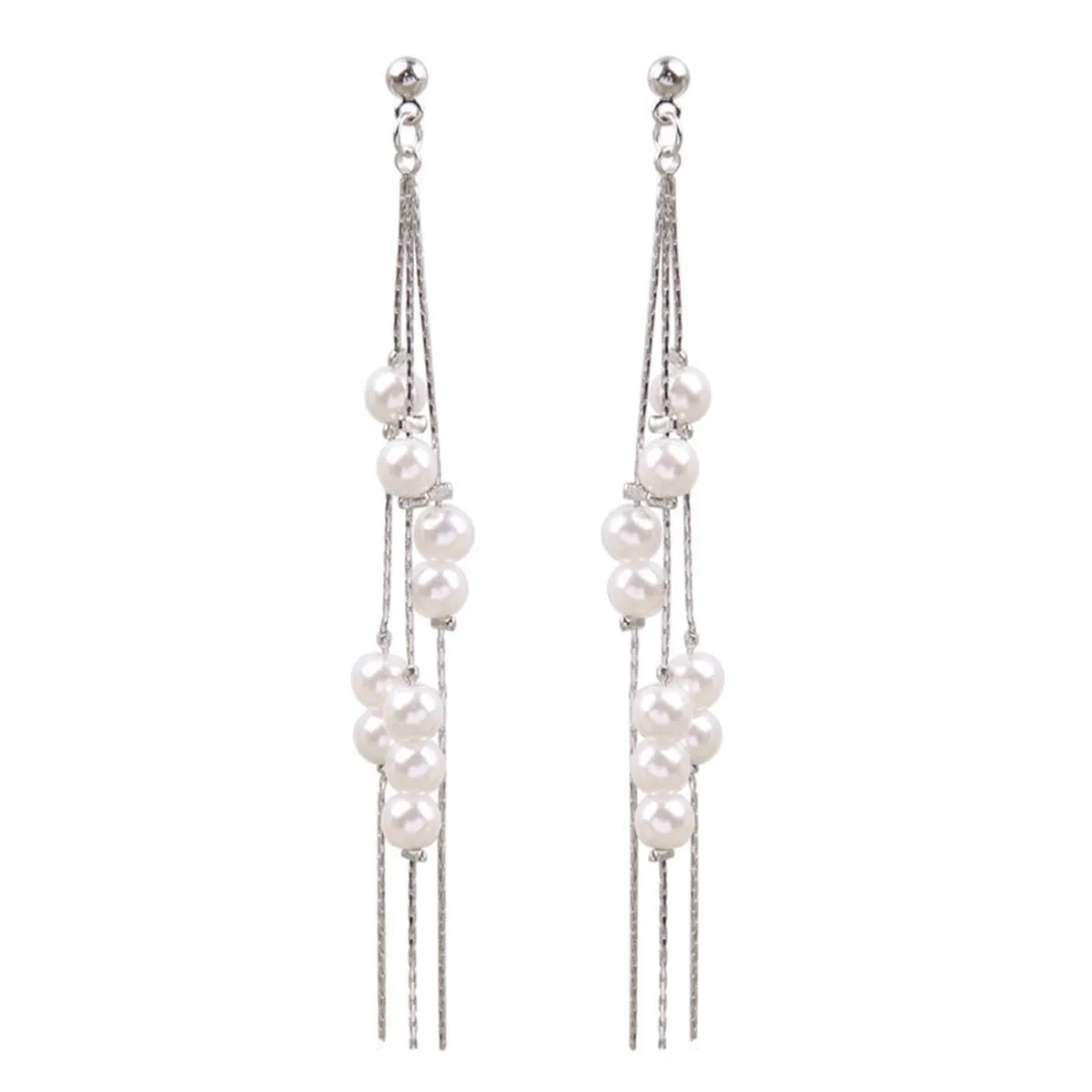 Pearl & Silver-Plated Cluster Tassel Dangle Earrings