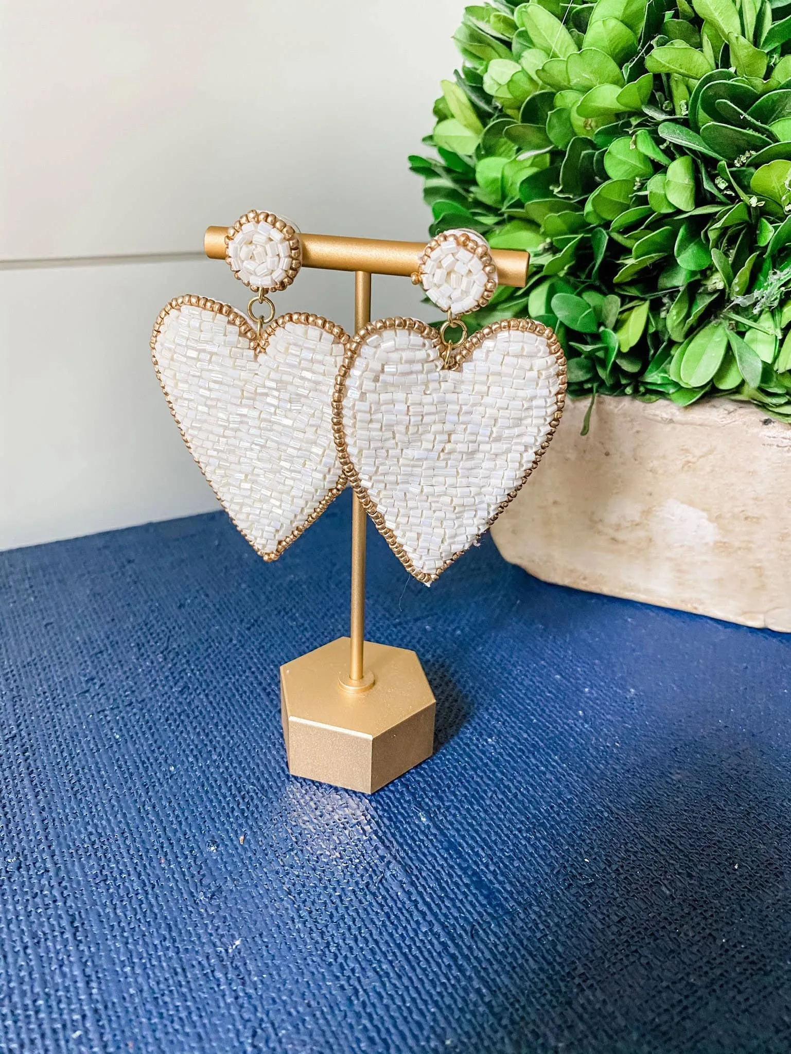 Pearl White Beaded Heart Earrings with Gold Accents