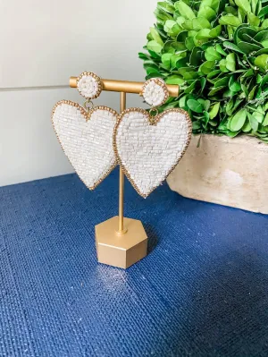 Pearl White Beaded Heart Earrings with Gold Accents