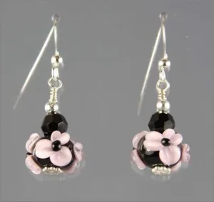 Pink and Black Flower Lampwork Glass Earrings