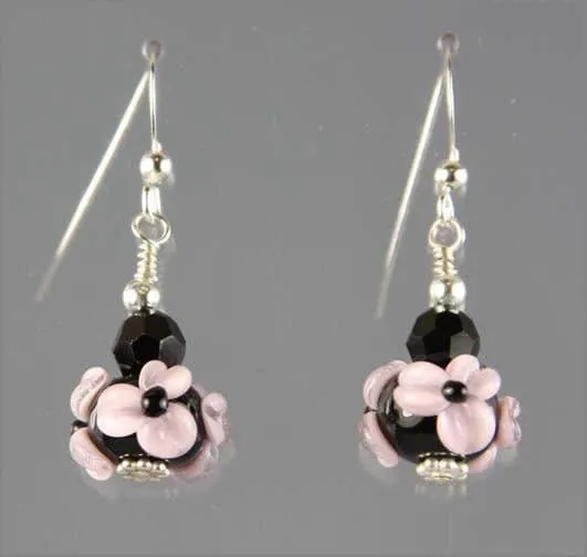 Pink and Black Flower Lampwork Glass Earrings