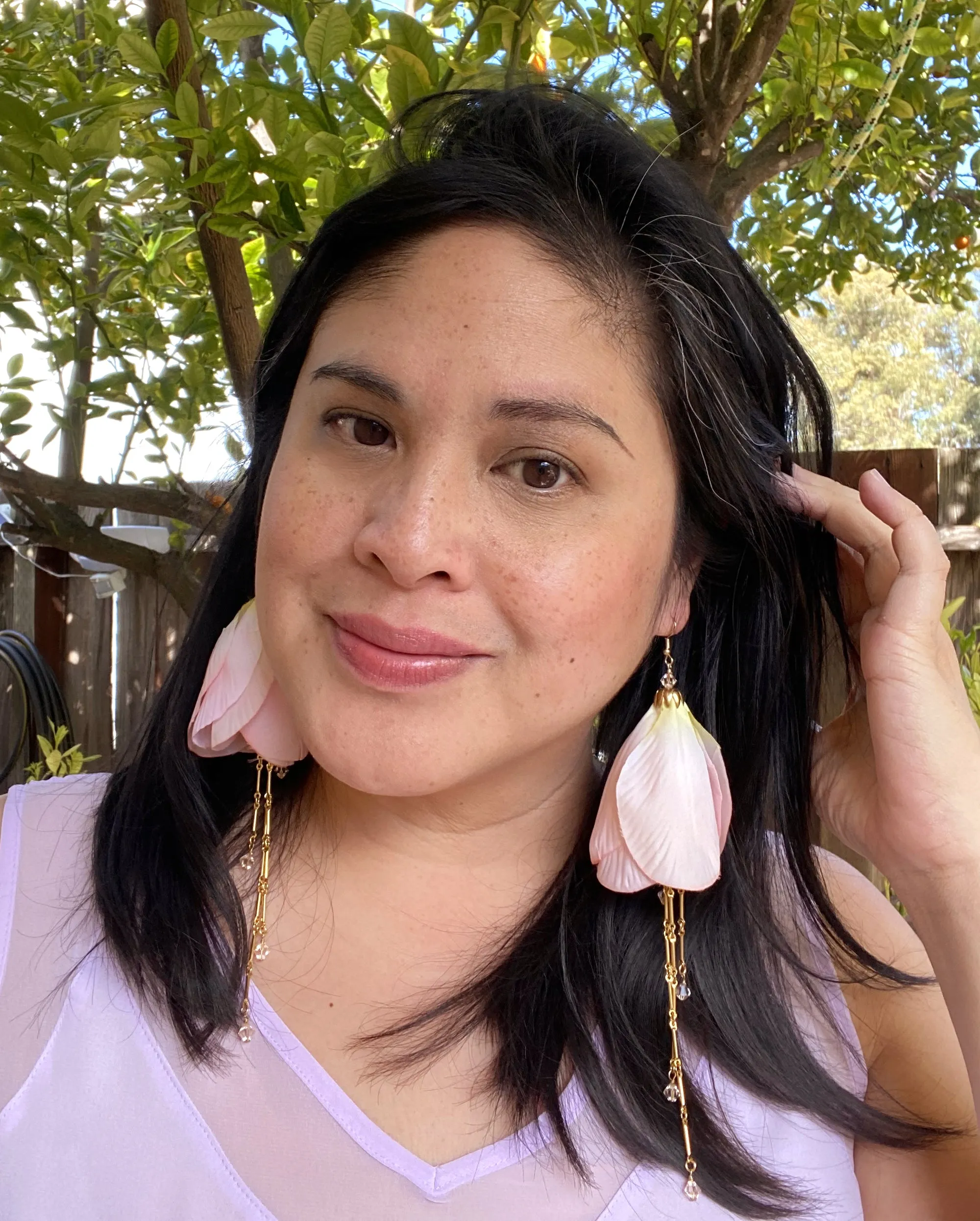 Pink beaded tulip earrings