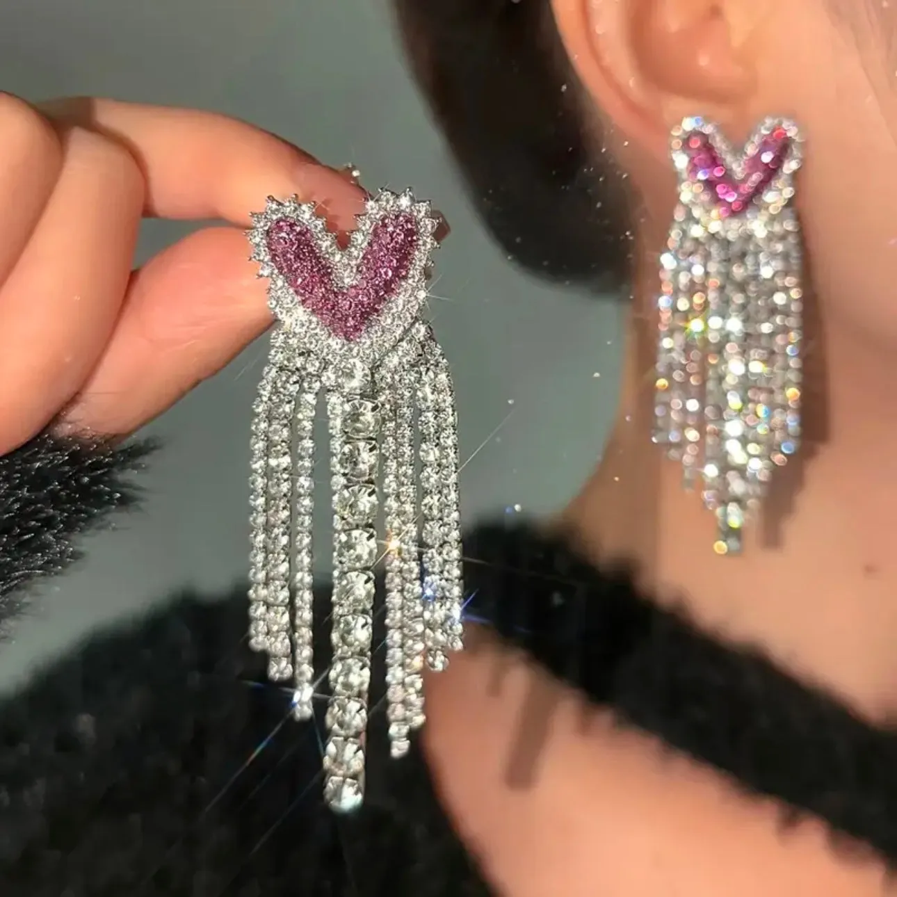 Pink Heart Tassel Earrings