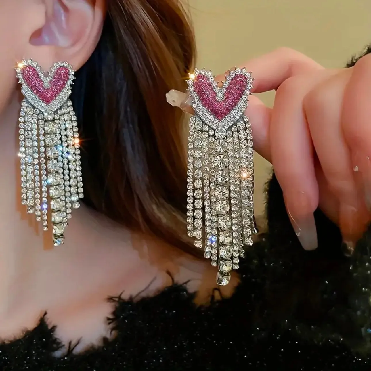 Pink Heart Tassel Earrings