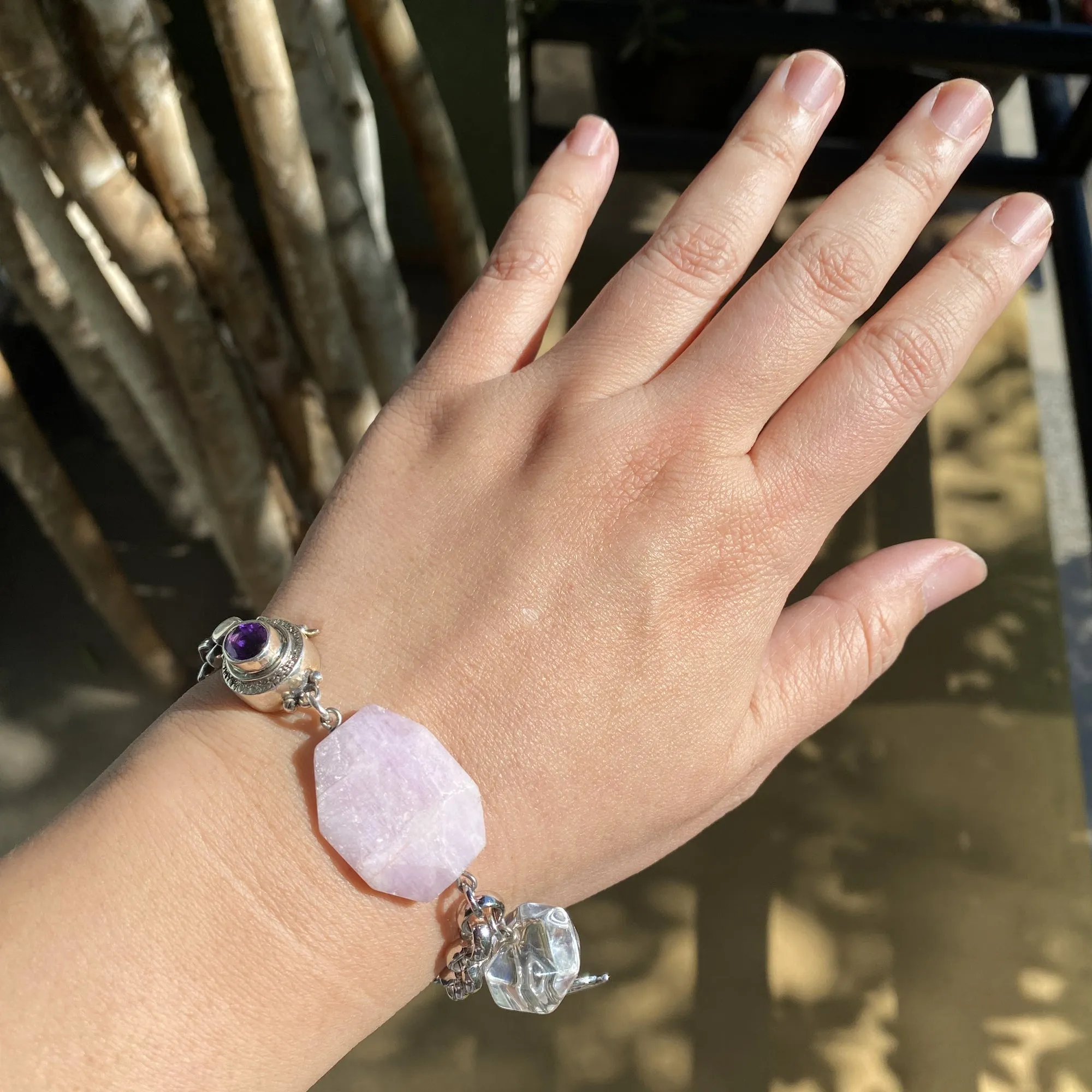 Pink kunzite and silver moon bracelet