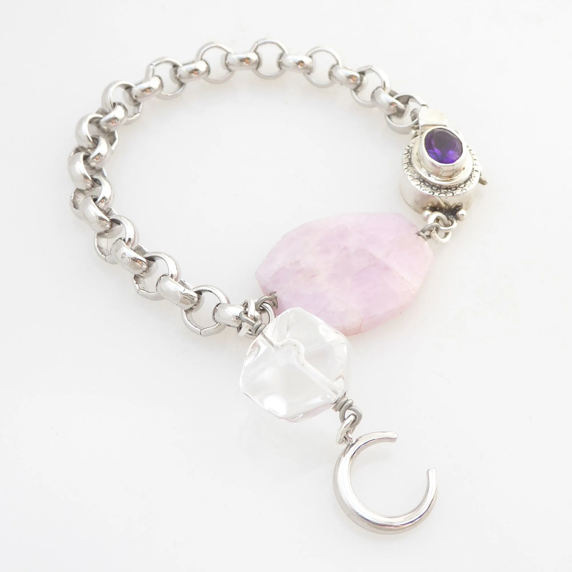 Pink kunzite and silver moon bracelet
