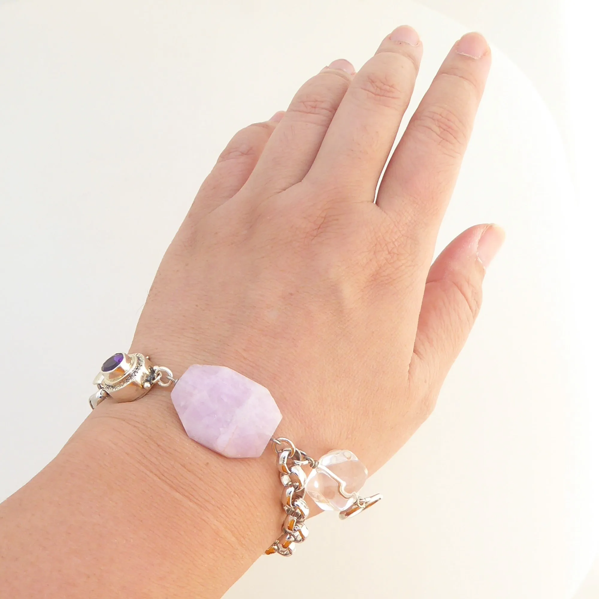 Pink kunzite and silver moon bracelet
