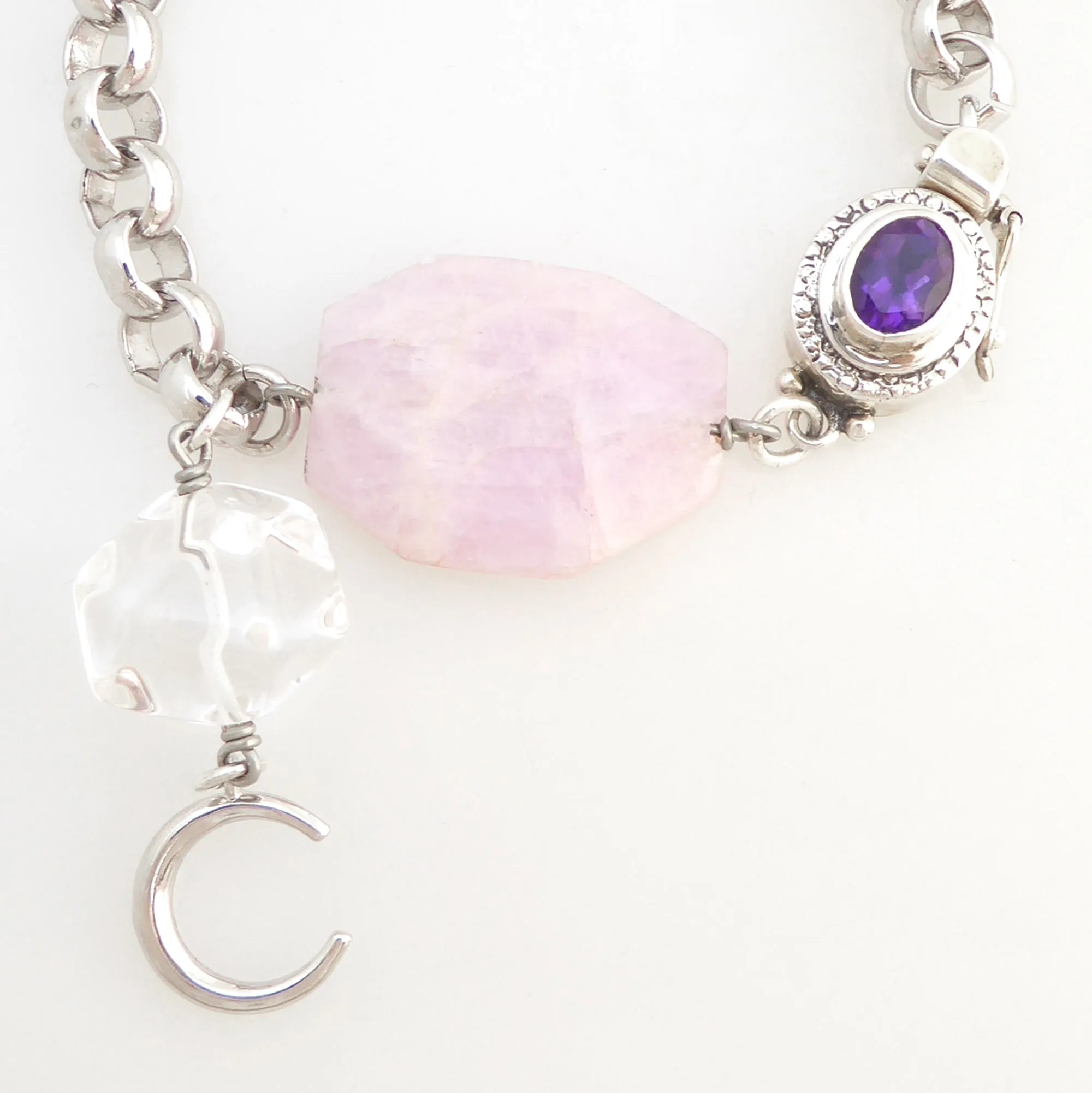 Pink kunzite and silver moon bracelet