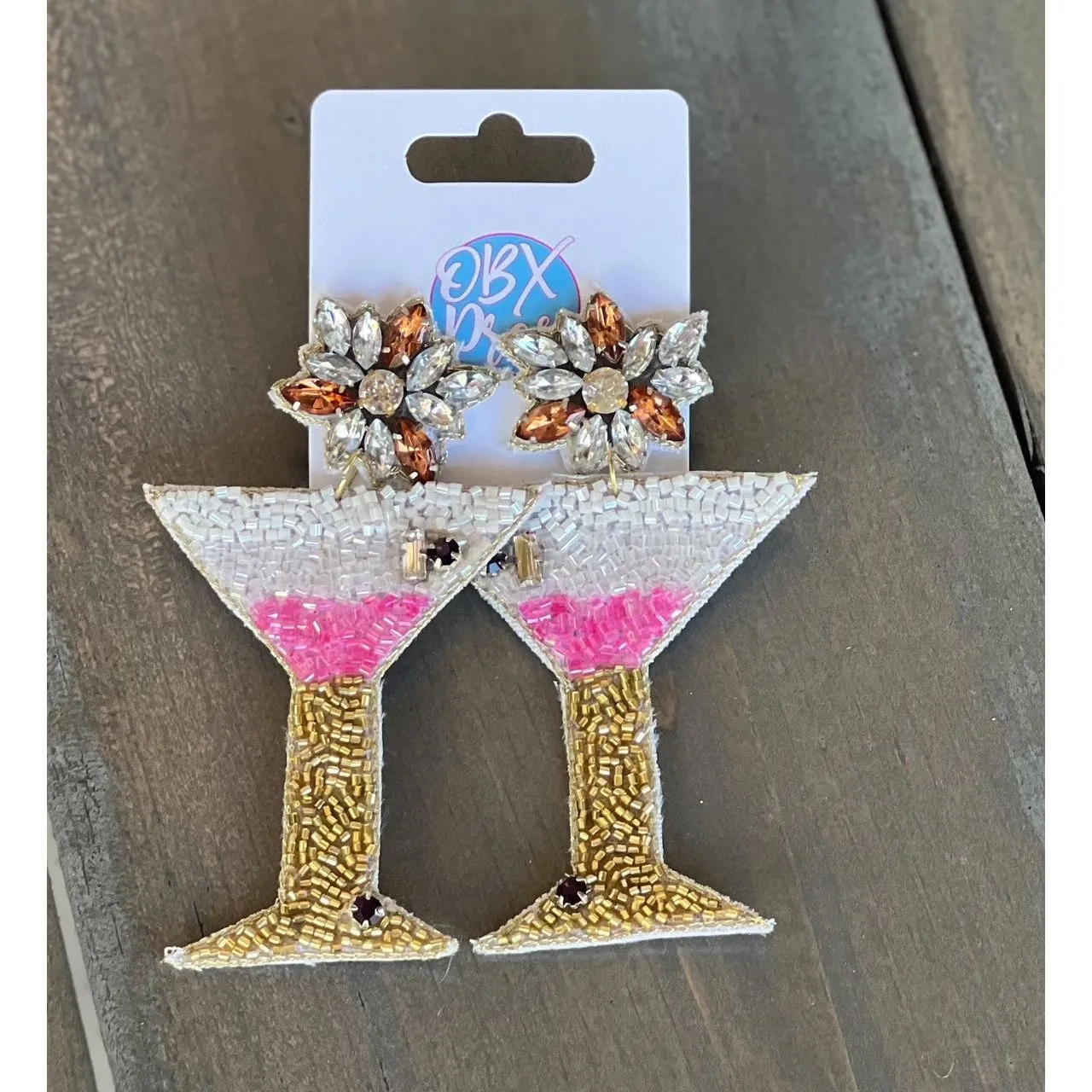 Pink Martini Gold Stems Seed Beaded Drop Earrings S