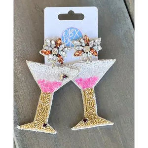 Pink Martini Gold Stems Seed Beaded Drop Earrings S