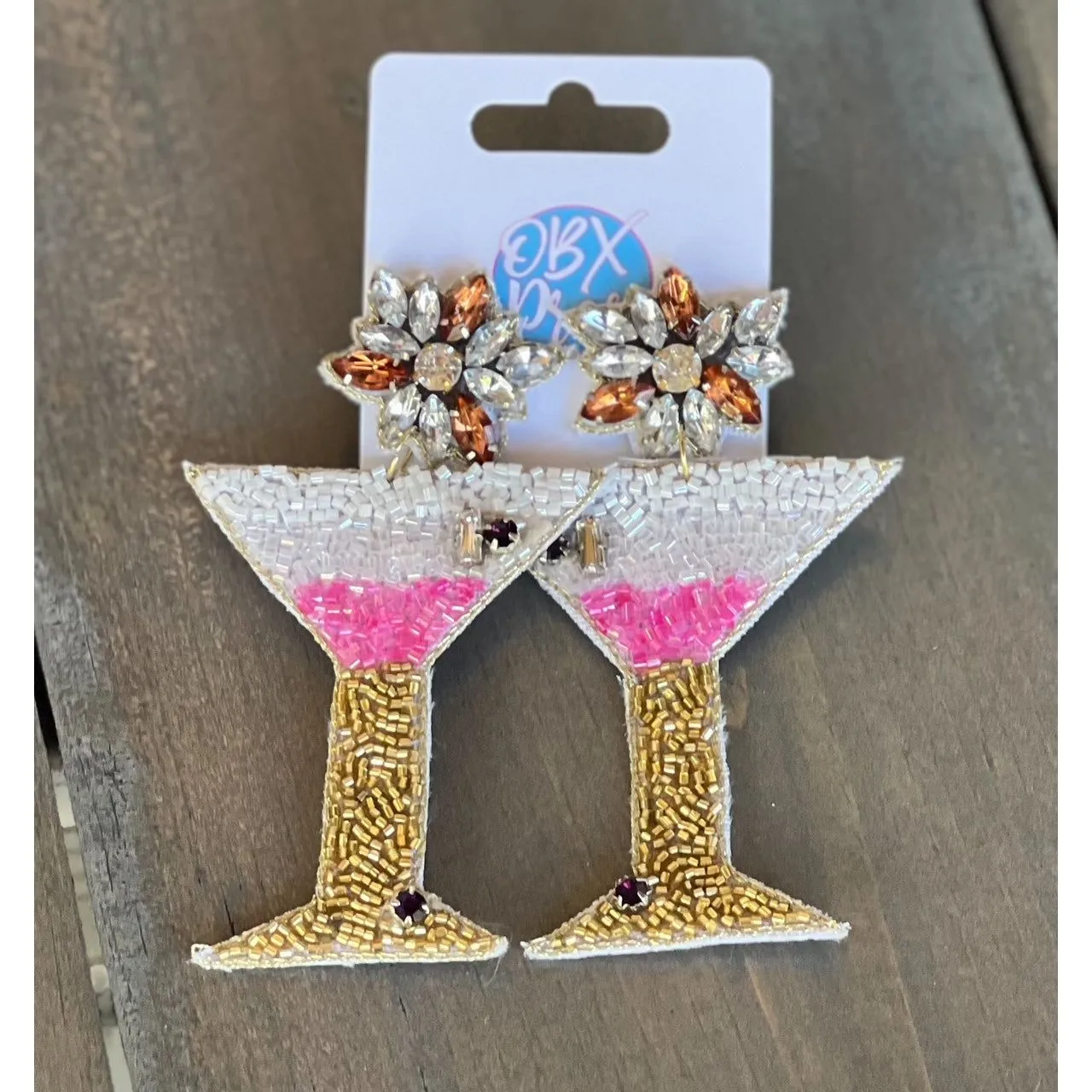 Pink Martini Gold Stems Seed Beaded Drop Earrings S