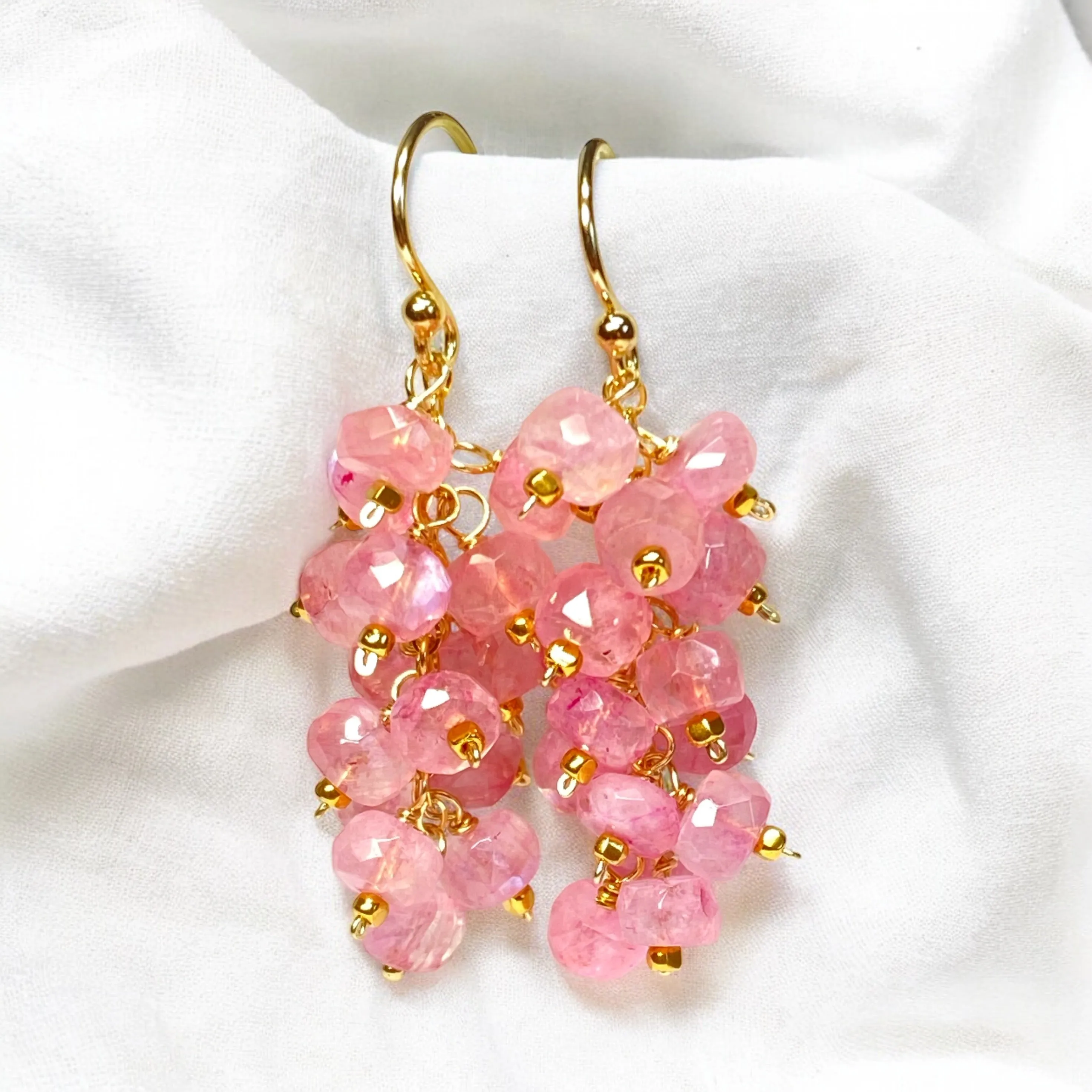 Pink Moonstone Cluster Tassel Earrings