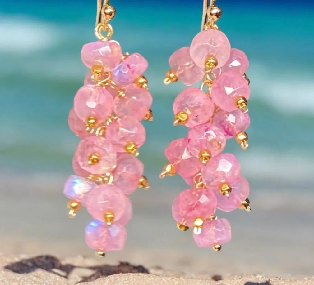 Pink Moonstone Cluster Tassel Earrings